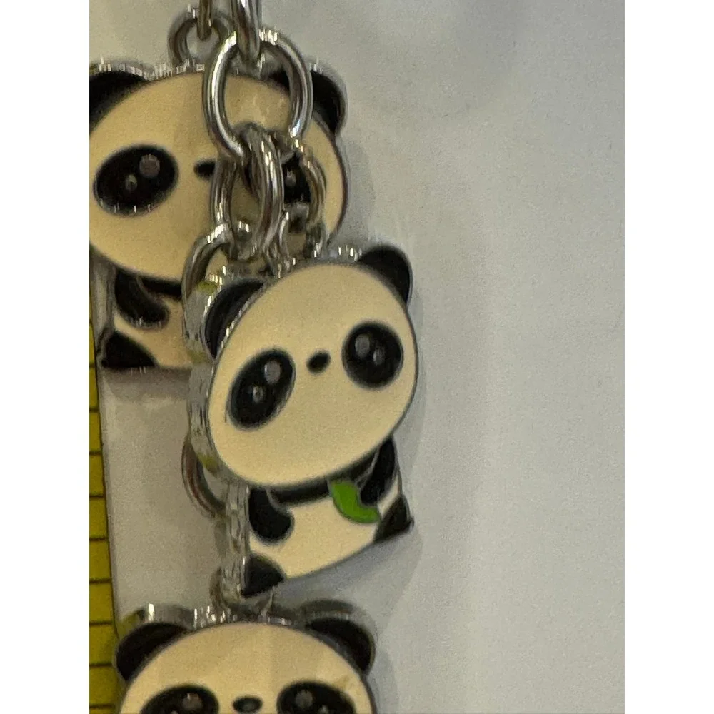 Kawaii Triple Panda Bear Enamel Charm Keychain Silver Tone Animal Key Ring